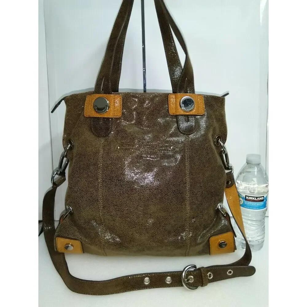 B. Makowsky Brown Metallic Leather Large Satchel Shoulder Bag